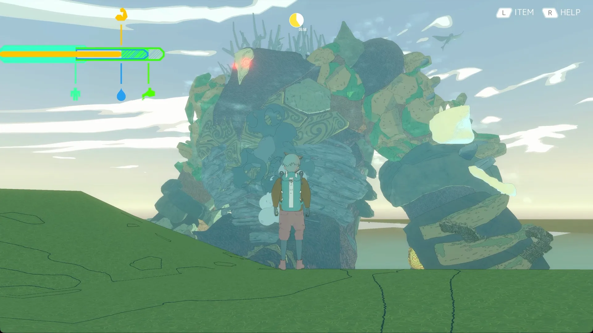 In-game screenshot: looking up at a giant Titan standing in a grassland