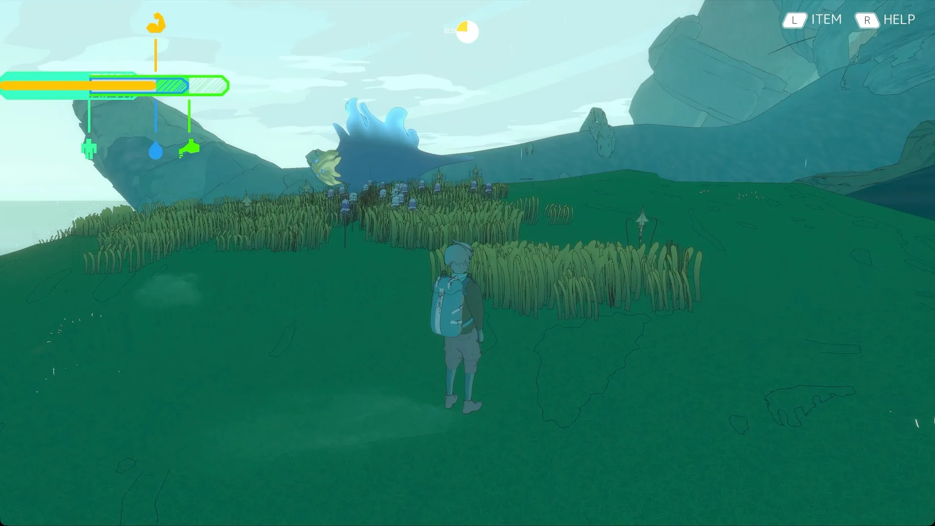 In-game screenshot: first-person view of a character climbing a Titan's body