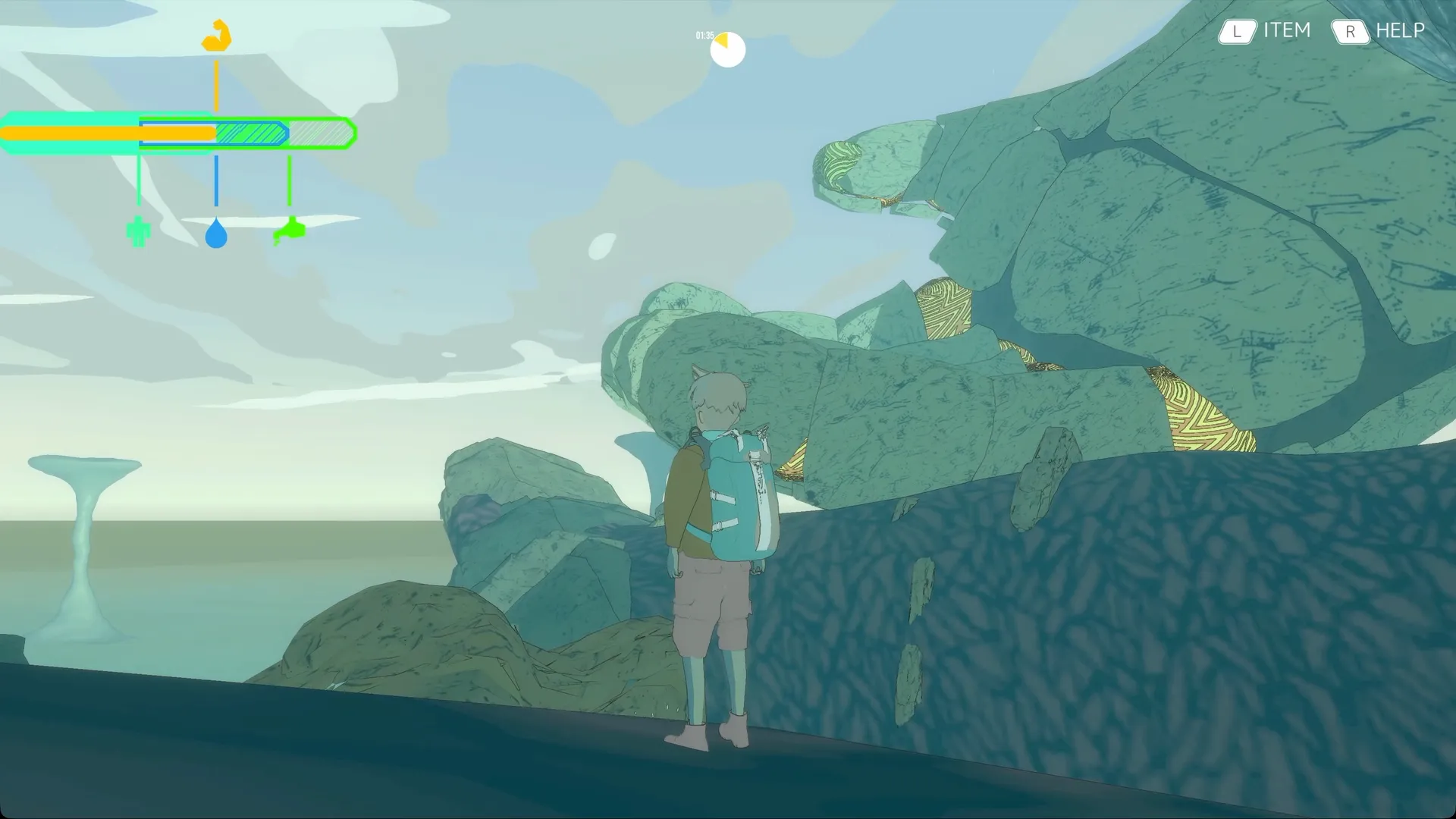 In-game screenshot: the player standing before parasites clinging to a Titan's rocky hide